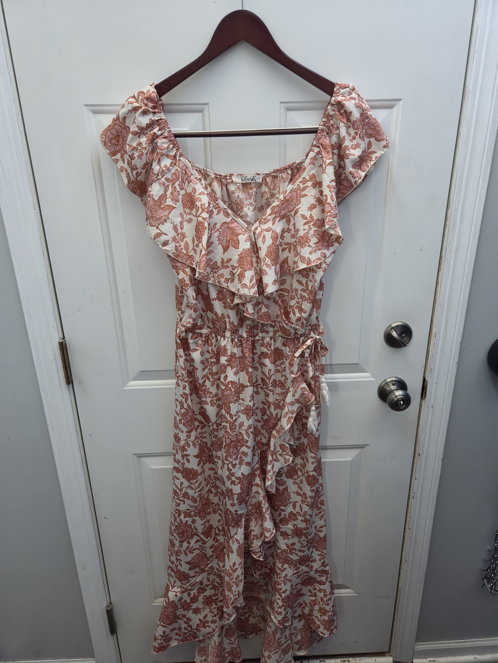 Floral Ruffle Maxi Dress in Cream and Dusty Rose